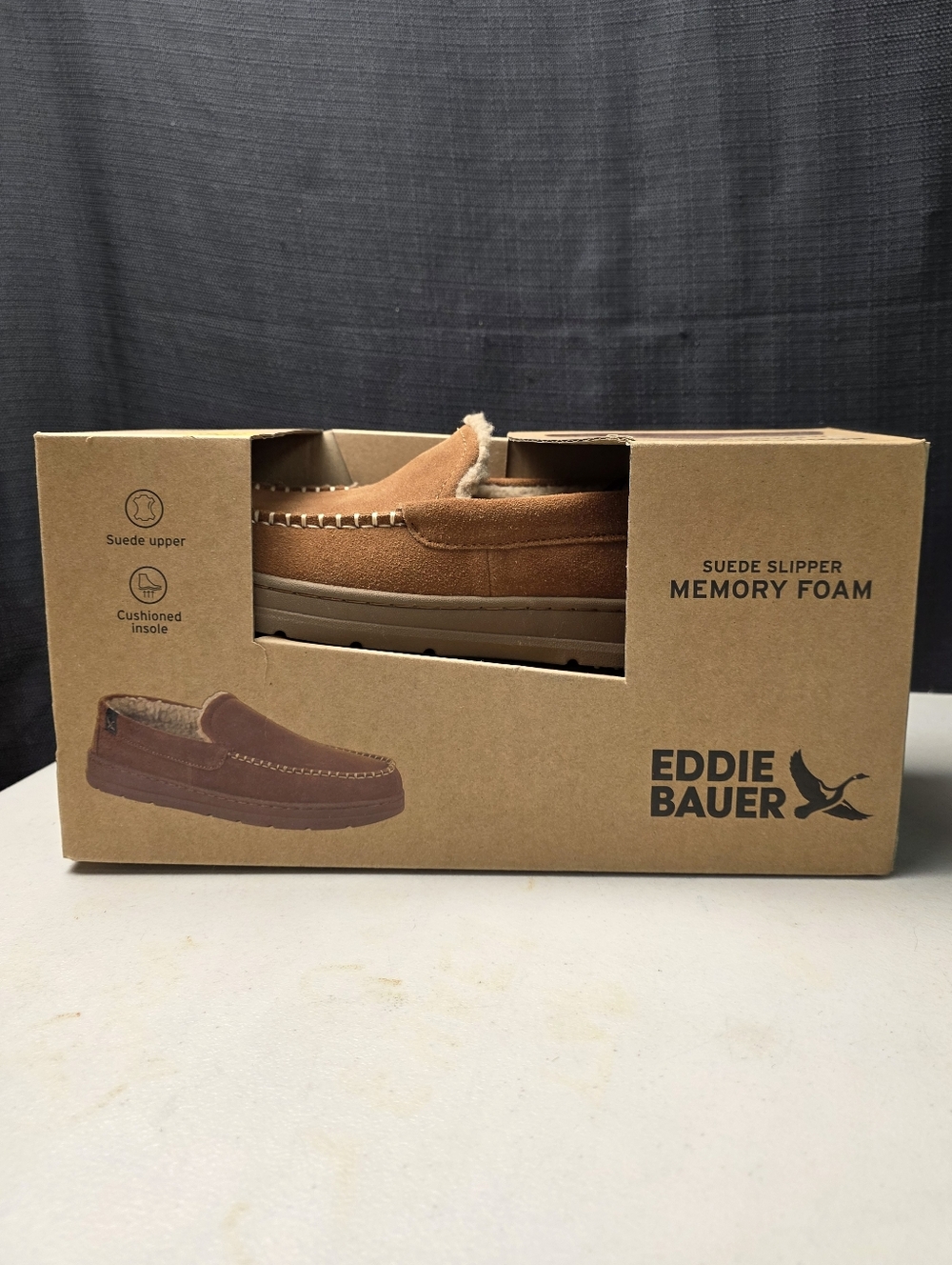 Mens Medium 8-9 Eddie Bauer Suede Memory Foam Slippers Brown New